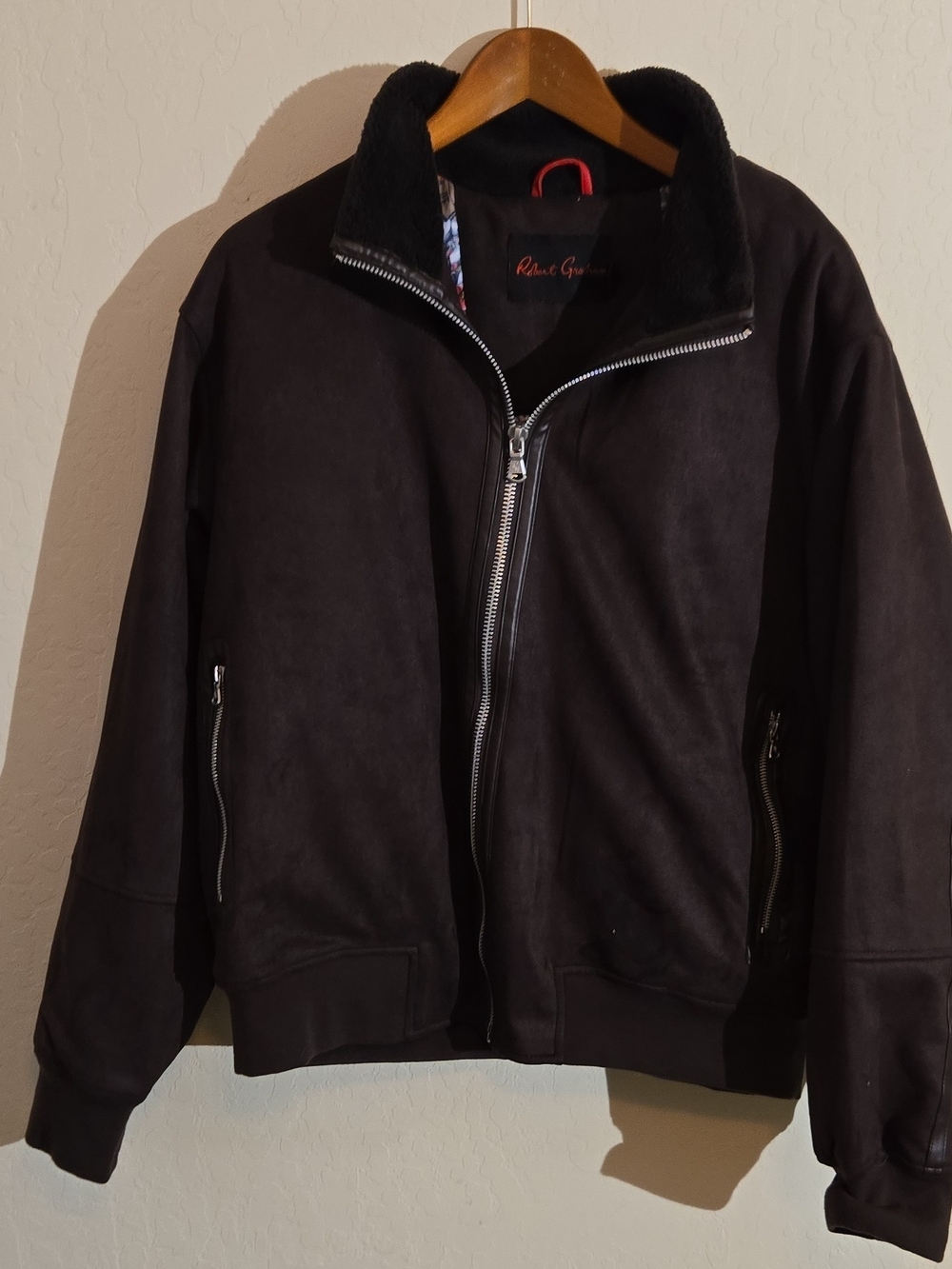 Robert Graham Black Bomber Jacket with Shearling Collar